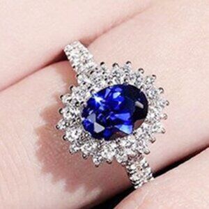 Elegant Blue 925 Silver Plated Oval Sun Flower Royal Ring for Women, VIP007